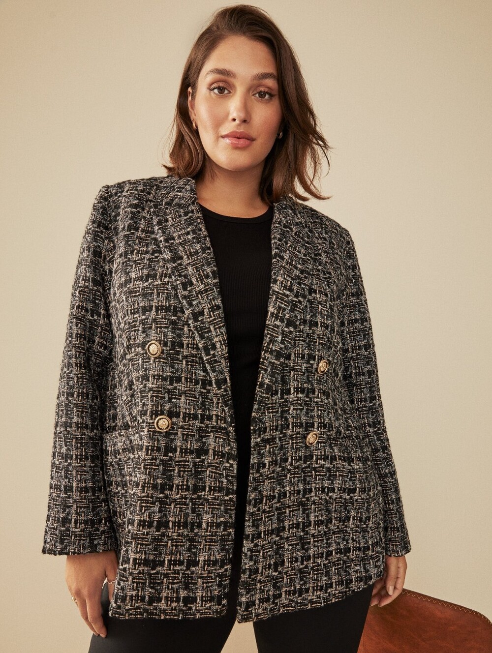 ​EVER NEW Tweed Double Breasted Blazer Jacket Gold Buttons Sz 8 Gorpcore Casual